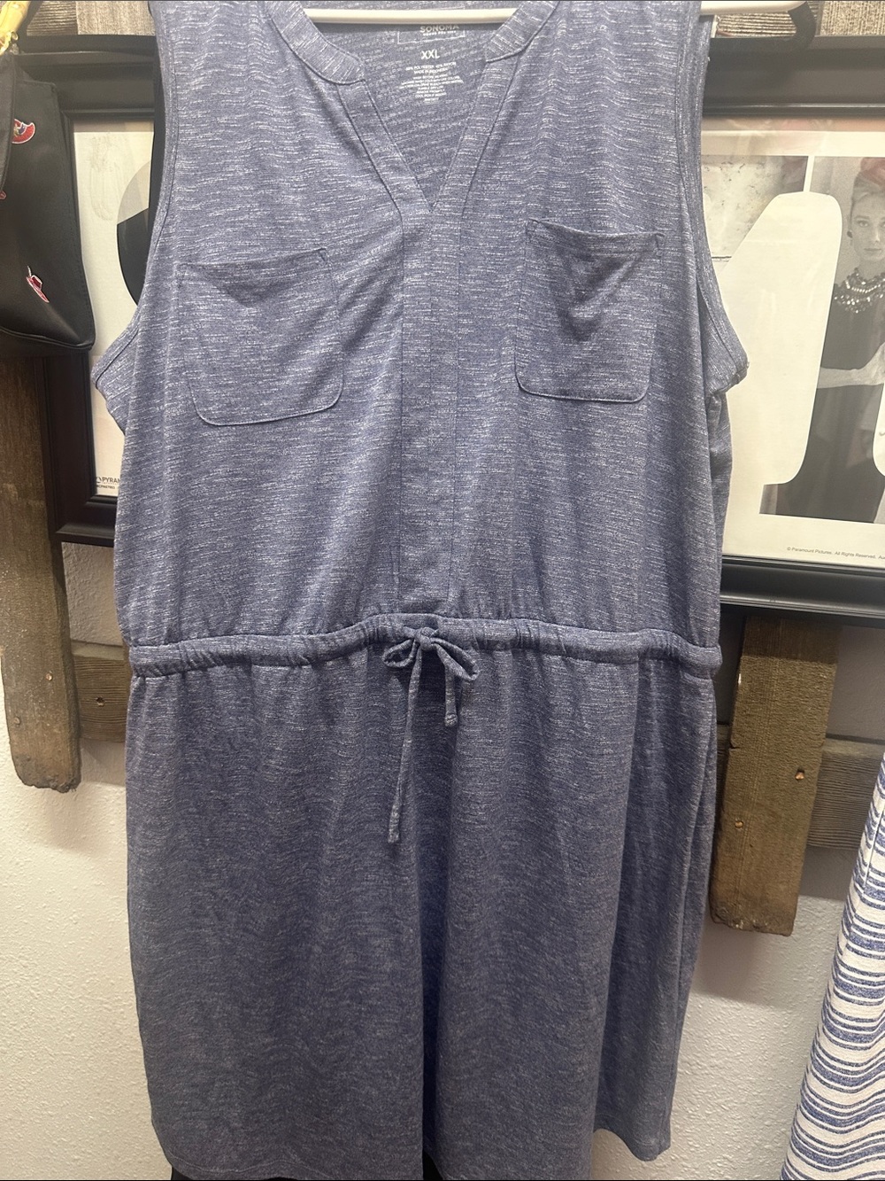 New XXL Sleeveless V-Neck Drawstring Shift Dress in Heathered Blue